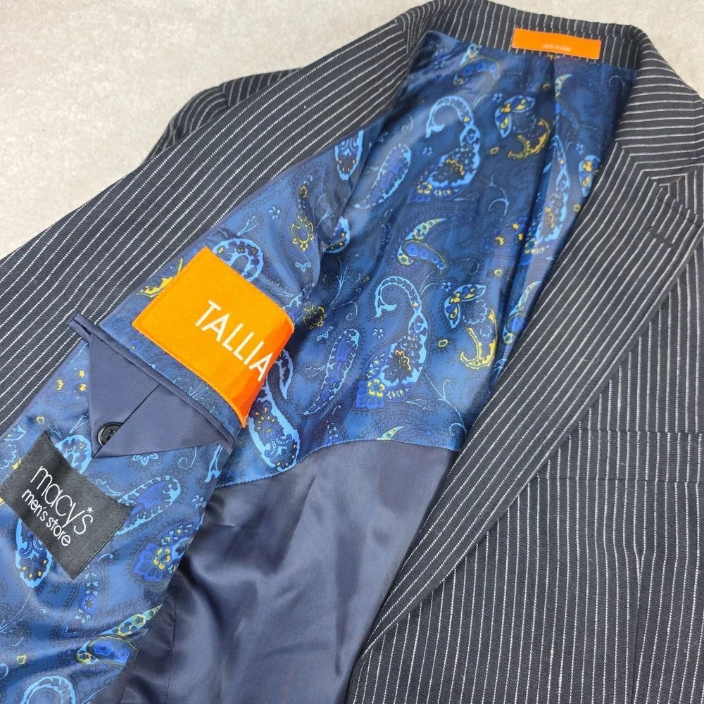 Tallia Sport Coat Mens 38R Navy Pinstripe 100% Linen Blazer Modern Fit Blue